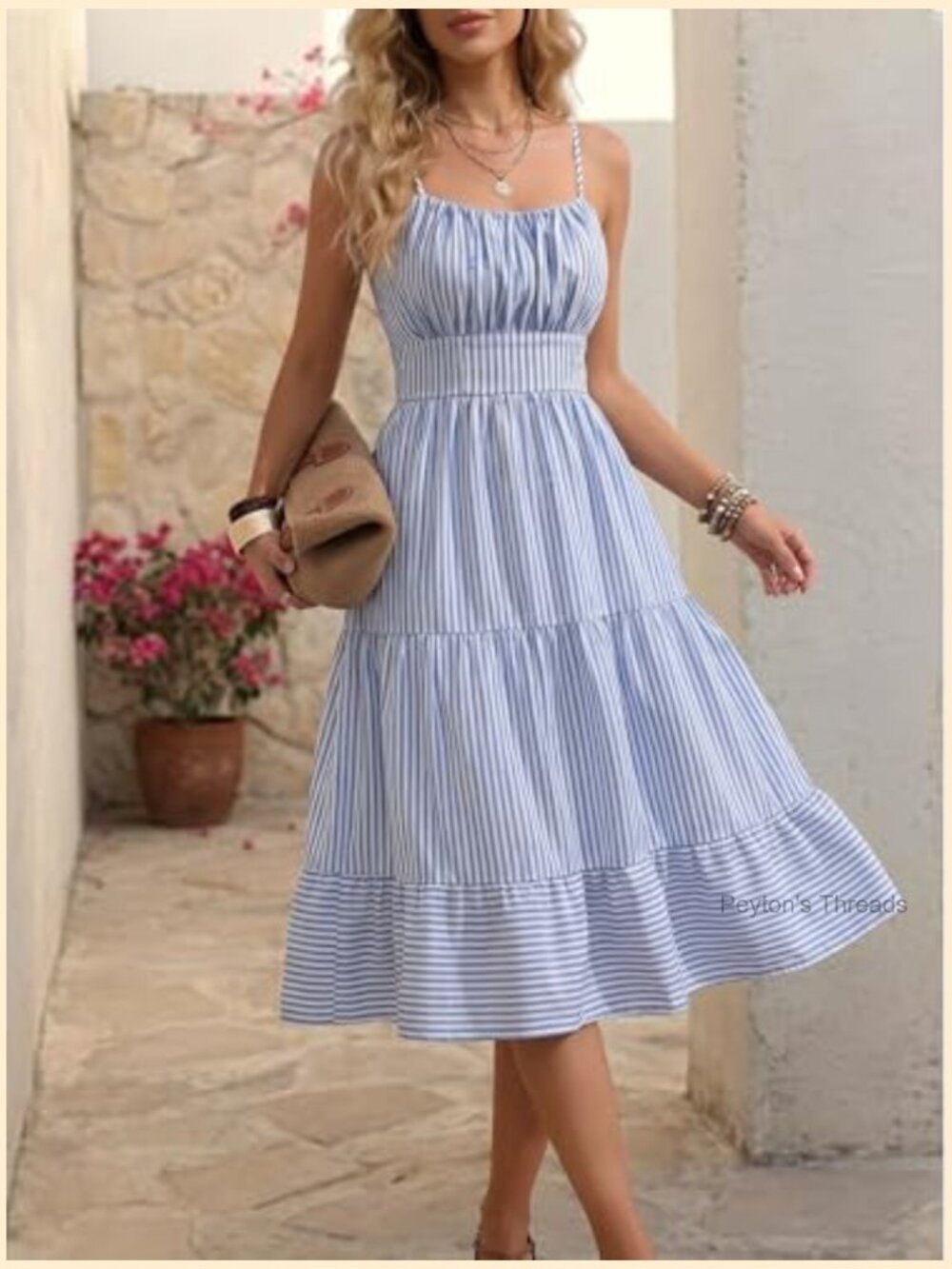 Striped Spaghetti Strap Mini Sundress, High Waist Ruffled - Picture 6 of 7